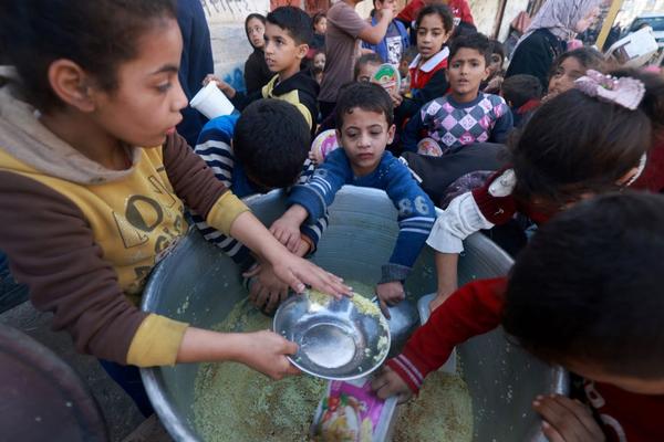 Palestinian children collect food